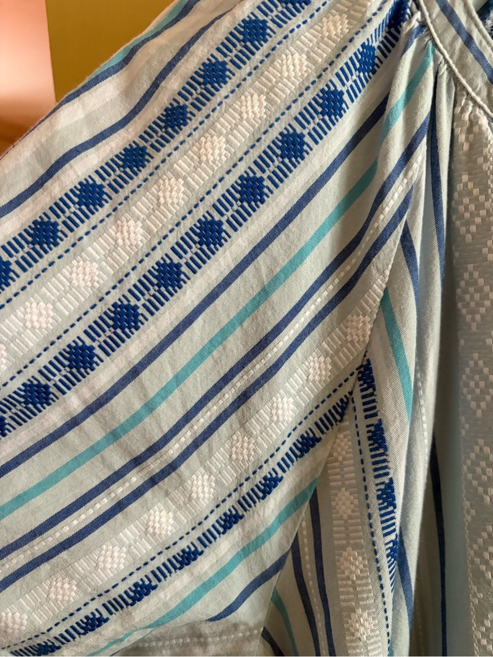 Cute swingy cotton tiered summer dress. Blues and stripes, tie tassel neck. - Picture 6 of 8